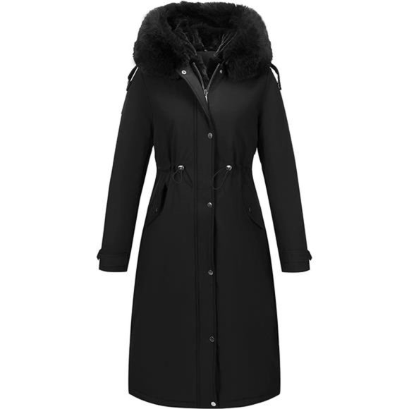 Women's Puffer Jacket Hooded with Fur Collar Padded Coat - Black